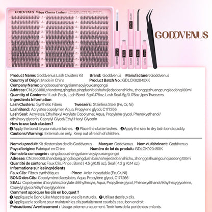 Goddvenus Lash Clusters Kit 9-14mm Wispy Lashes – DIY Natural Lash Extensions Kit with Tweezers (300pcs) | C Curl