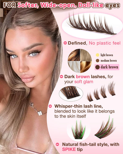 Goddvenus Brown Wispy Lash Clusters Kit – Manga Eyelashes, Natural Clusters, DIY Anime C Curl, Waterproof