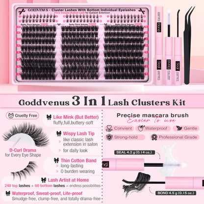 Goddvenus Fluffy Lash Clusters Kit – 240 Upper + 60 Lower, D-Curl Waterproof DIY Lashes