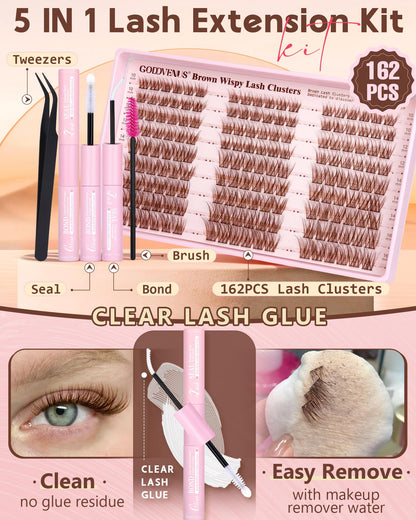 Goddvenus Brown Wispy Lash Clusters Kit | Natural DIY Lash Extensions with C Curl