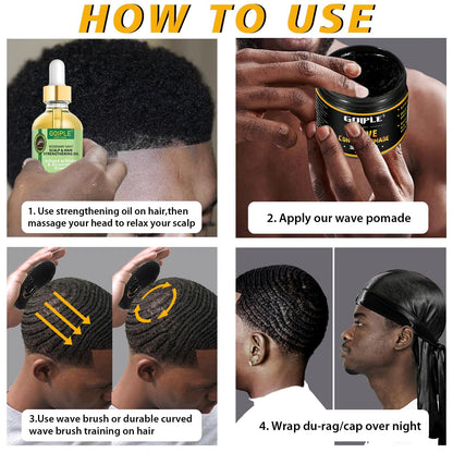 Goiple Natural Wave Pomade Set - Strong Hold, 360 Wave Training, Rosemary Oil Kit