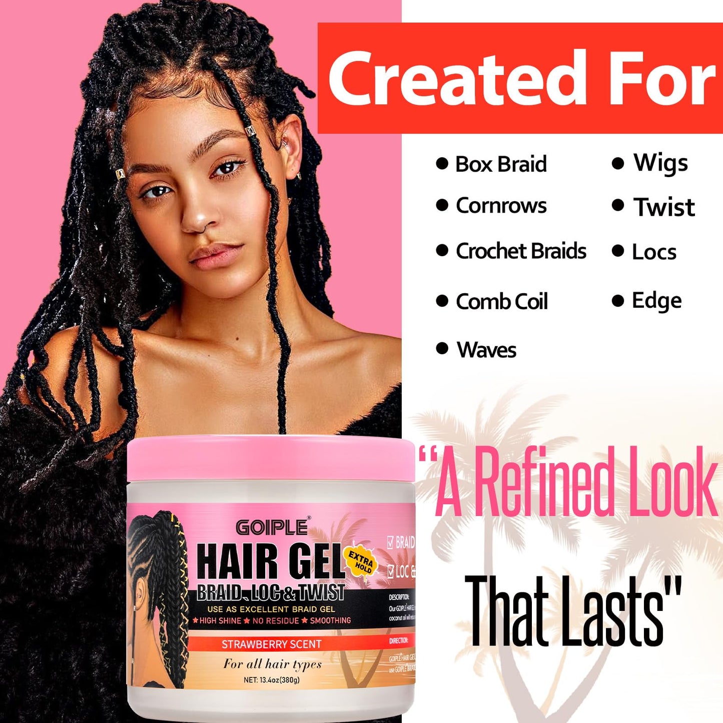 Goiple 13.4oz Braiding Gel for Twist, Locs & Braid | Extra Hold, High Shine, No Flake Edge Control