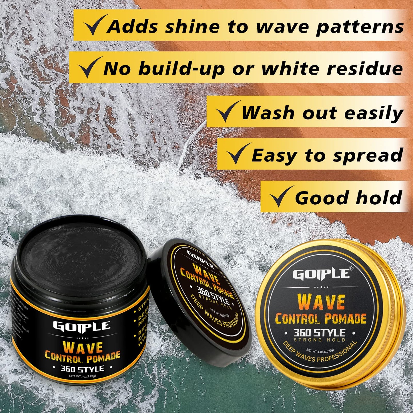 Goiple Natural Wave Pomade – Strong Hold for Men, 360 Waves + Travel Size
