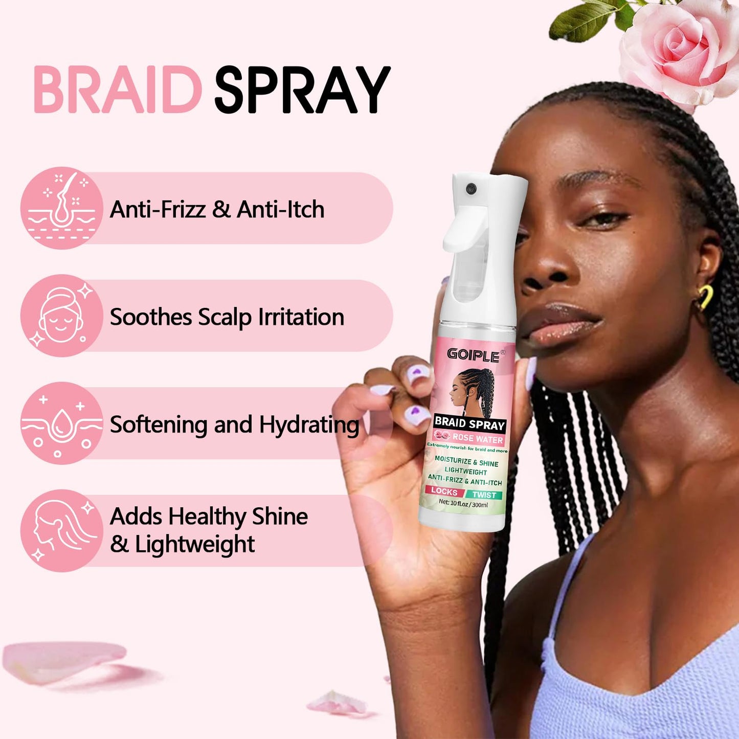 Goiple Rose Braid Spray 10oz – Lightweight Rose Water for Dreads, Braids & Locs