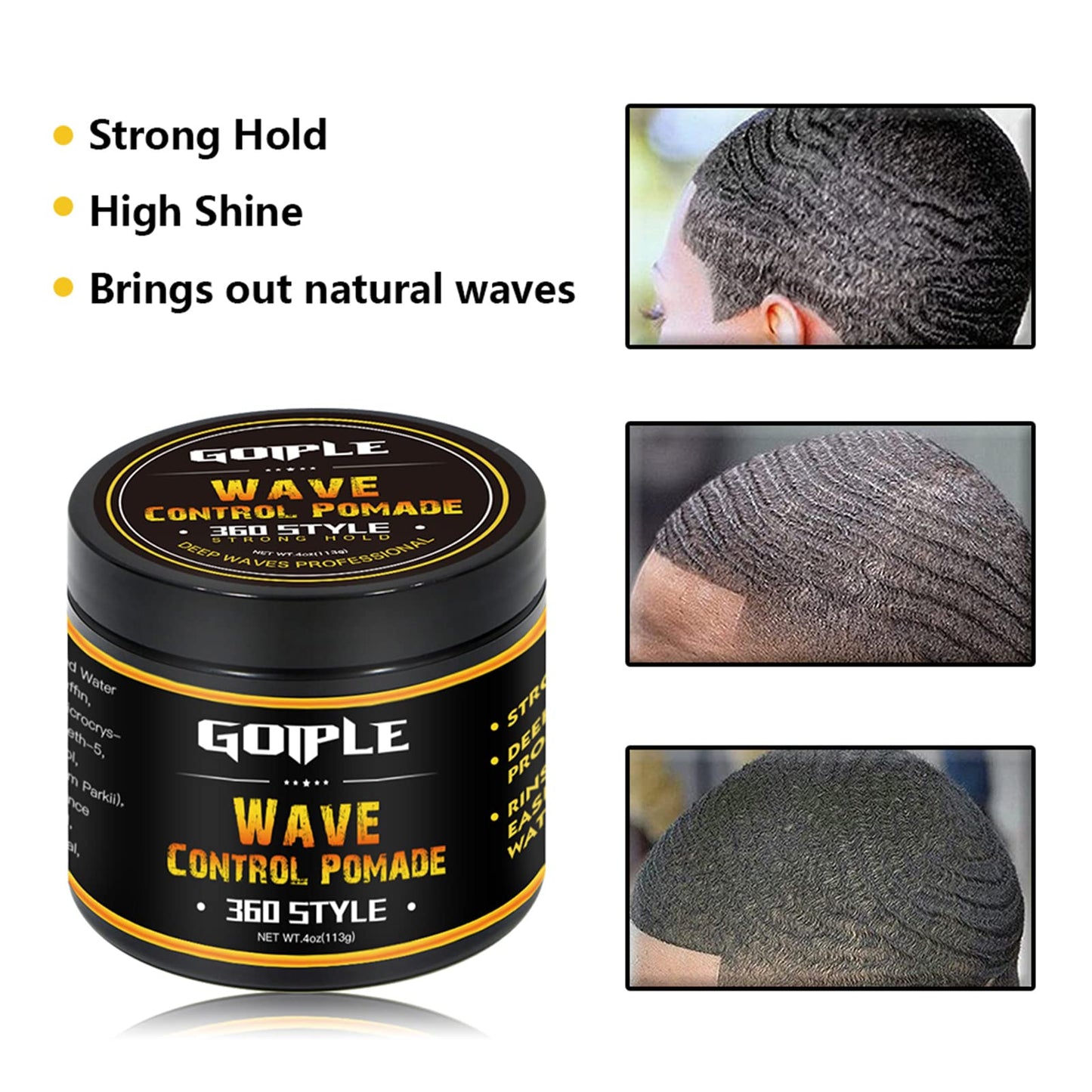 Goiple Natural Wave Pomade for Men – Strong Hold & Easy Wash 360 Wave Cream | 4oz
