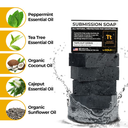 Gold BJJ Premium Tea Tree Oil Soap - USA Made Bar Soap for BJJ, Jiu Jitsu, Wrestling, and Grappling (5-Pack, 4 oz, Activated Charcoal)