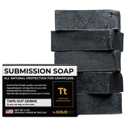 Gold BJJ Premium Tea Tree Oil Soap - USA Made Bar Soap for BJJ, Jiu Jitsu, Wrestling, and Grappling (5-Pack, 4 oz, Activated Charcoal)