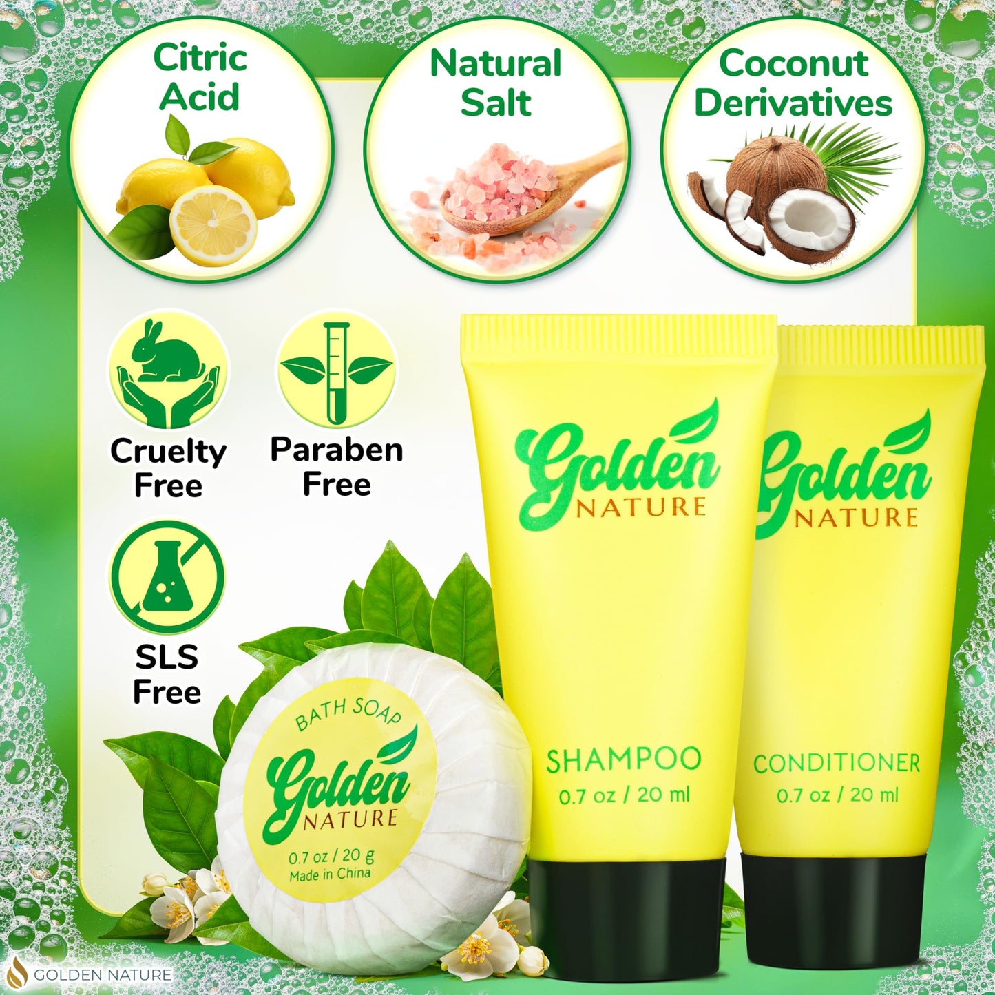 Golden Nature Travel Size Soap, Shampoo & Conditioner Set - Jasmine, 0.7 oz Each | 150 Pcs | 3-Piece Kit