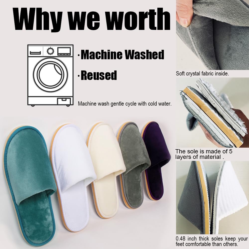 GONG GONG Non Slip Disposable Slippers – 6 Pairs, White, Crystal Velvet, Washable & Reusable, Closed Toe, Non-Slip EVA Sole