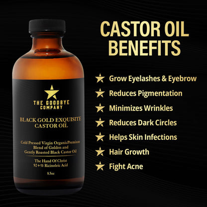 The Goodbye Company Black & Gold Castor Oil Blend – Cold-Pressed, Hexane-Free, Unrefined for Hair, Skin, Eyelashes & Eyebrows