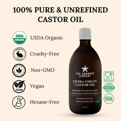 Goodbye Company USDA Organic Cold-Pressed Castor Oil – 8.5 oz Glass, Hexane-Free, Small Batch