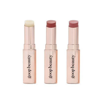 Goop Beauty Lip Balm Trio – Clean, Petroleum-Free Moisturizers in Clear, Garnet & Rose