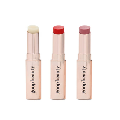 Goop Beauty Lip Balm Trio — Clean, Petroleum-Free Lip Care in Clear, Peony, Tomato | 0.16 oz Each