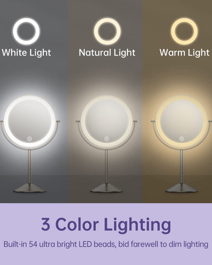Gospire 8-Inch Lighted Makeup Mirror — 1x/10x Magnification, 3 Color Lights, 360° Rotation, Rechargeable