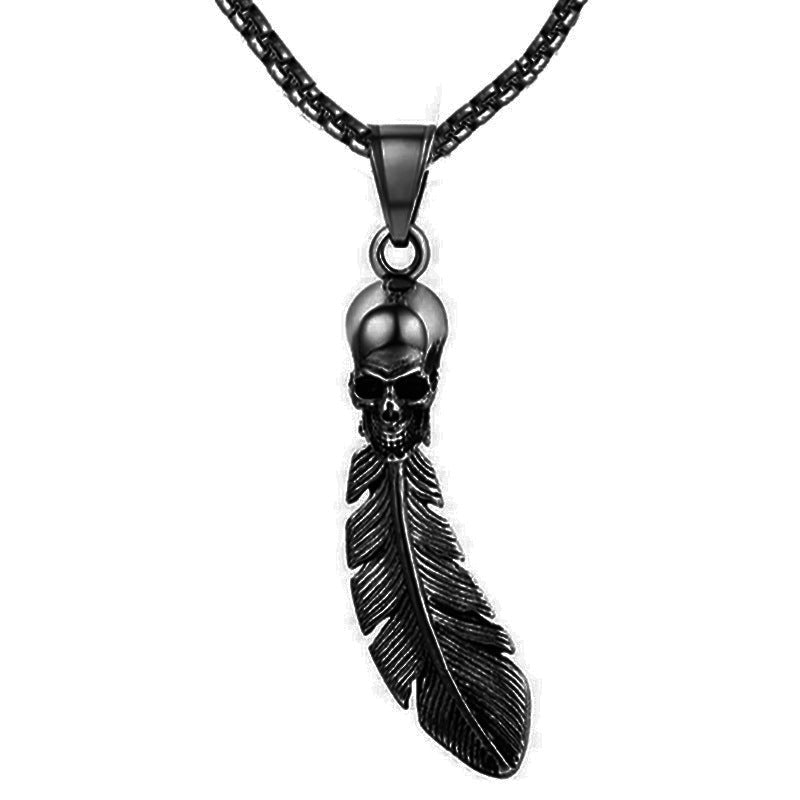 Gothic Skull Feather Pendant Necklace