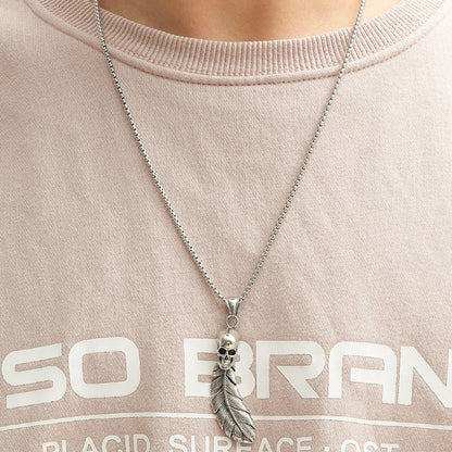 Gothic Skull Feather Pendant Necklace