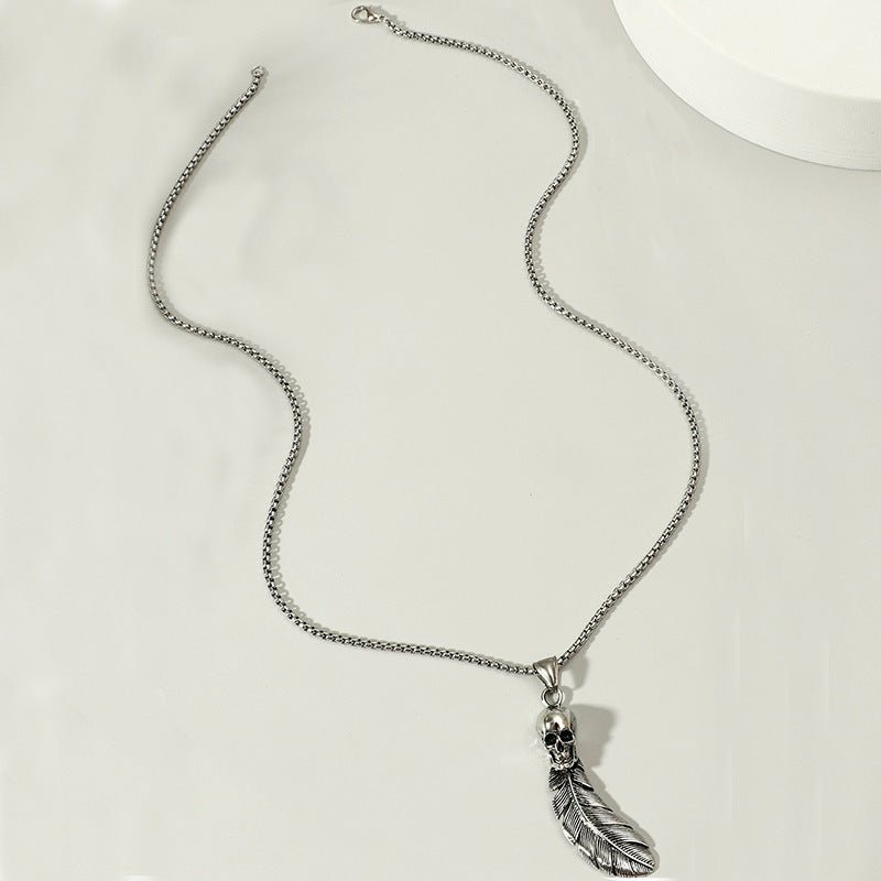 Gothic Skull Feather Pendant Necklace