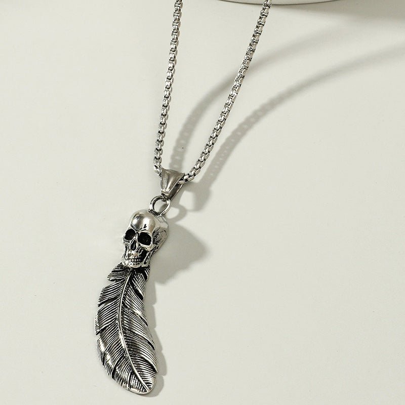 Gothic Skull Feather Pendant Necklace