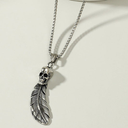 Gothic Skull Feather Pendant Necklace