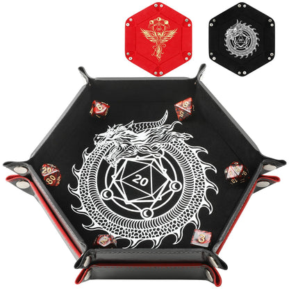 Grajar 2-Pcs Portable Folding Dice Tray Set – Dragon & Phoenix, PU Leather & Velvet