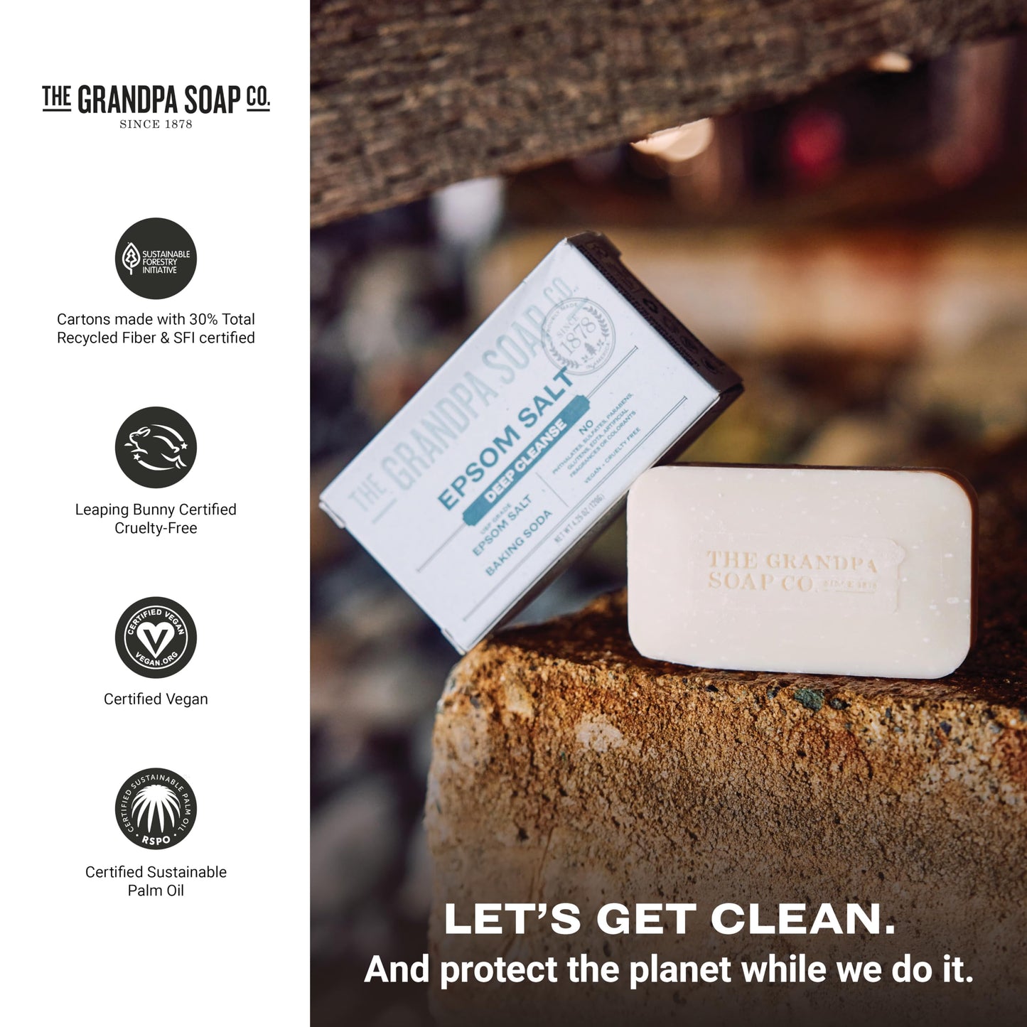 The Grandpa Soap Company Epsom Salt Bar Soap – Deep Cleansing, Vegan, 3 Pack (4.25 oz each)