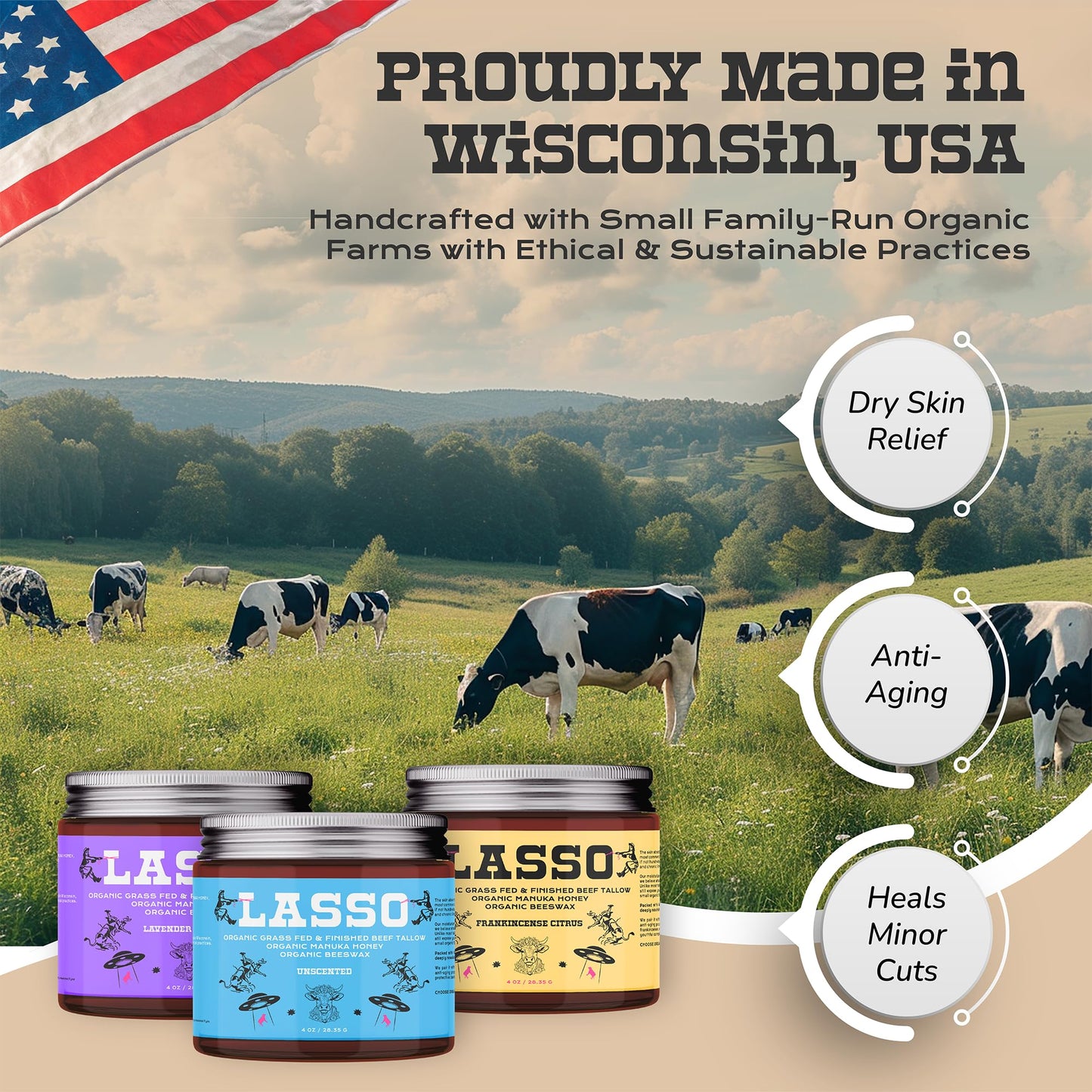 LASSO TALLOW Beef Tallow Face Moisturizer — Grass-Fed Tallow, Manuka Honey, Unscented