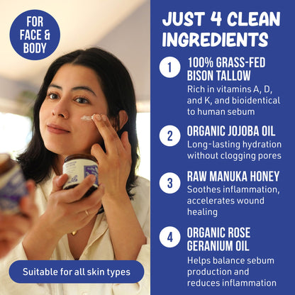 Grazly Whipped Bison Tallow Balm with Manuka Honey – Rose Geranium, Grass-Fed Moisturizer