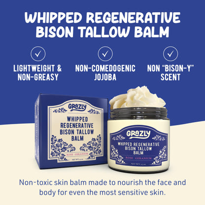 Grazly Whipped Bison Tallow Balm with Manuka Honey – Rose Geranium, Grass-Fed Moisturizer