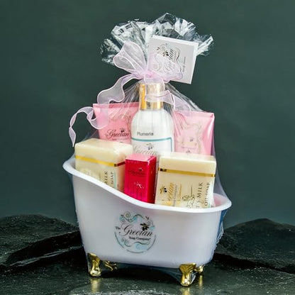 The Grecian Soap Company Deluxe Bathtub Gift Set – Goat Milk & Olive Oil Skincare, Plumeria Scent, Handmade in the USA