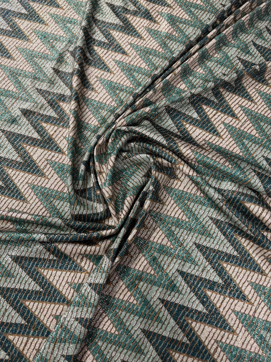 Green Zigzag Pattern Gold Lurex Fabric by the Metre