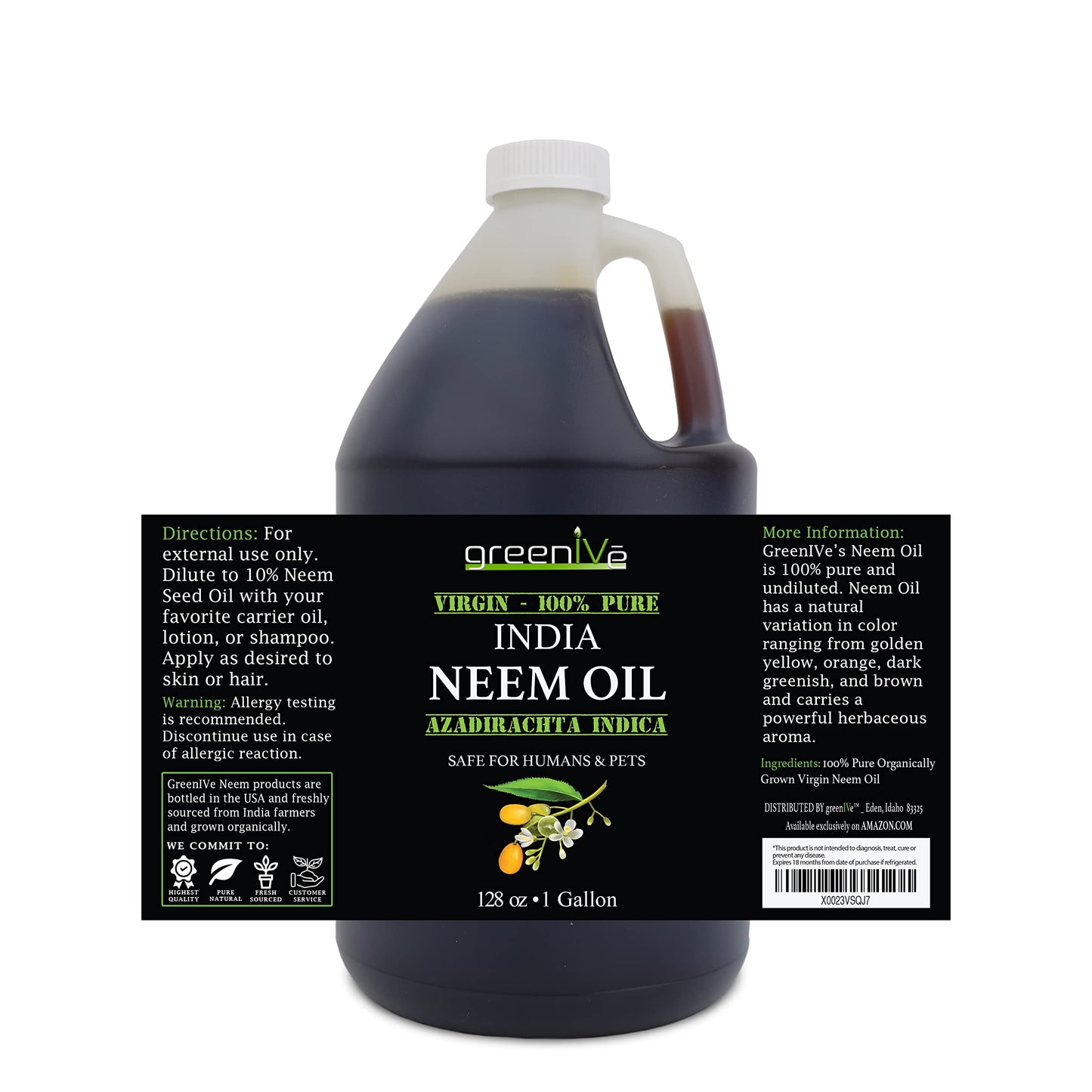 GreenIVe 100% Pure Neem Oil Bulk — Cold-Pressed, Hexane-Free, 1 Gallon (128 fl oz)