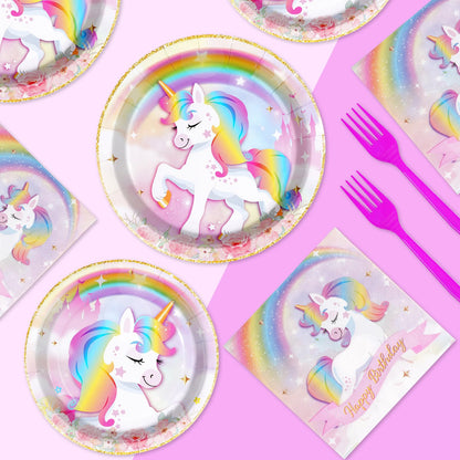 Grencian 96 Pcs Unicorn Birthday Party Set – Rainbow Plates, Napkins & Forks for 24