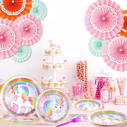 Grencian 96 Pcs Unicorn Birthday Party Set – Rainbow Plates, Napkins & Forks for 24