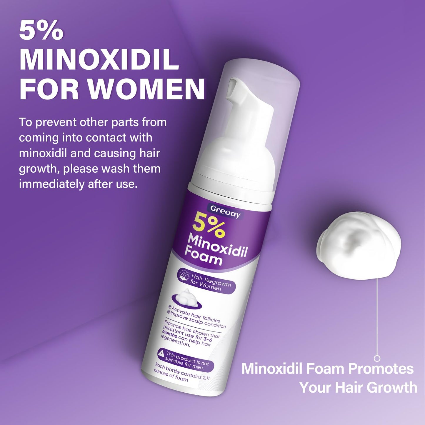 Greoay 5% Minoxidil Foam for Women – Hair Growth for Thinning Hair, Receding Hairline, 3 Bottles (2.11 oz Each)