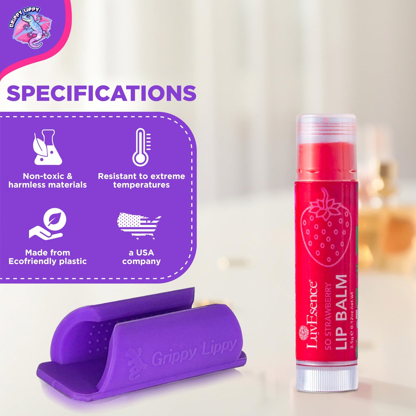 Grippy Lippy Durable Lip Balm Holder – 2 Pack (Pink & Purple) | Lip Gloss, Balm & Oil Organizer for Car, Home, Travel