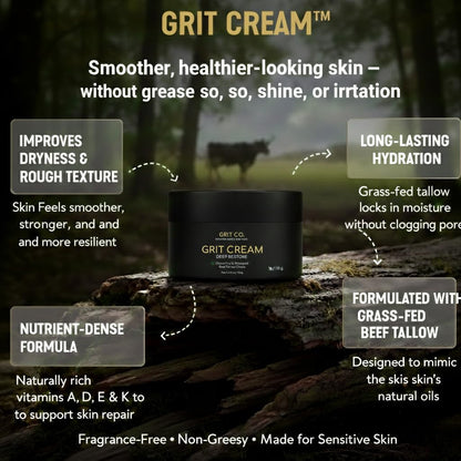 GRIT CO. GRIT CREAM™ Grass Fed Beef Tallow Face Moisturizer for Men [TALLOW-BASED] – Fragrance Free, Non-Greasy, 3.4 oz