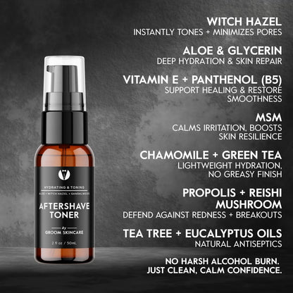 GROOM After Shave Toner for Men | Soothing, Pore-Tightening Formula with Aloe, Sandalwood, Chamomile & Vitamins A+E | 2 oz