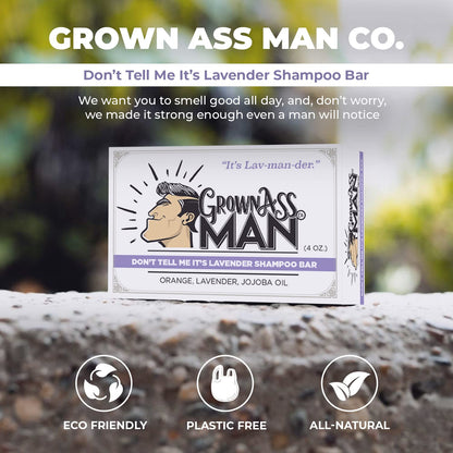 Grown Ass Man Co. Solid Shampoo Bar 3-in-1 for Hair, Beard & Body – Plastic Free, 4oz (Don't Tell Me It's Lavender)