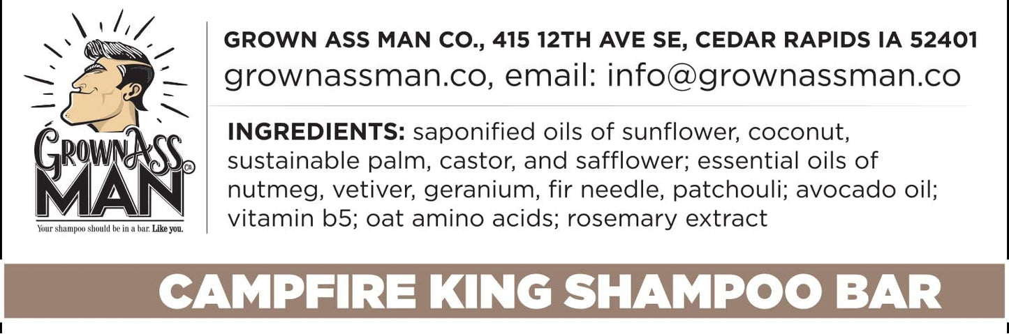 Grown Ass Man Co. Campfire King 3-in-1 Solid Shampoo Bar – Hair, Beard & Body, Plastic-Free, 4oz (3-Pack)