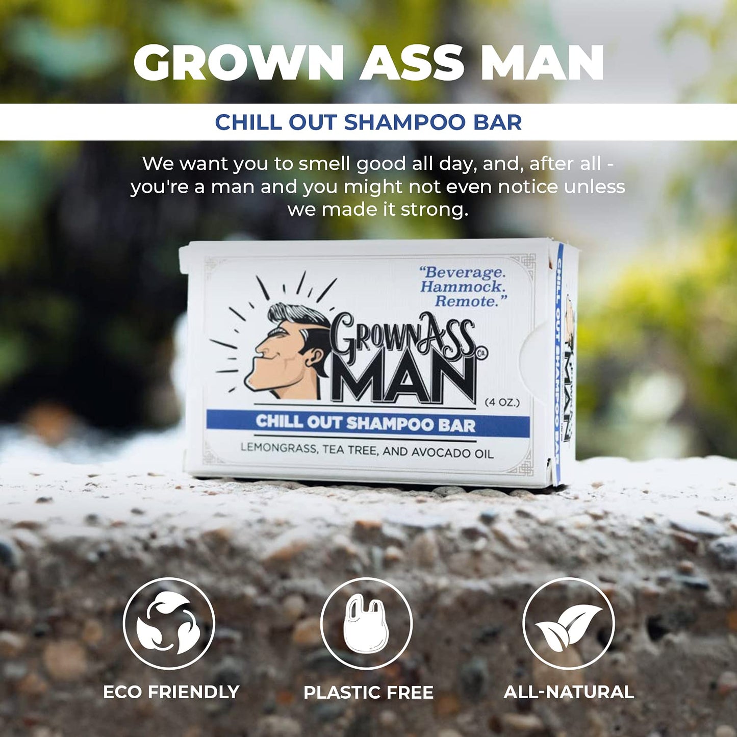 Grown Ass Man Co. Solid Shampoo Bar 3-in-1 – Hair, Beard & Body Wash, Plastic Free, 4oz (Chill Out)