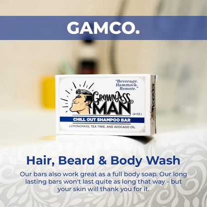 Grown Ass Man Co. Solid Shampoo Bar 3-in-1 – Hair, Beard & Body Wash, Plastic Free, 4oz (Chill Out)