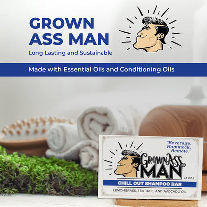 Grown Ass Man Co. Solid Shampoo Bar 3-in-1 – Hair, Beard & Body Wash, Plastic Free, 4oz (Chill Out)