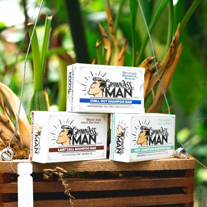 Grown Ass Man Co. Solid Shampoo Bar 3-in-1 – Hair, Beard & Body Wash, Plastic Free, 4oz (Chill Out)