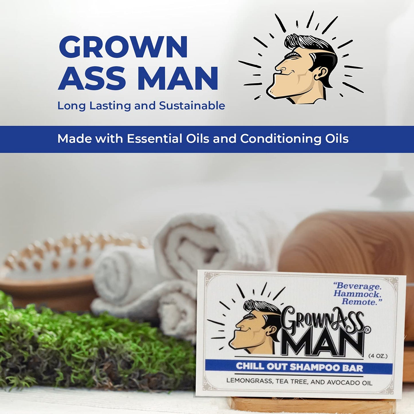 Grown Ass Man Co. Solid Shampoo Bar 3-in-1 Chill Out – Hair, Beard & Body Wash (Plastic Free, 4oz, 3-Pack)