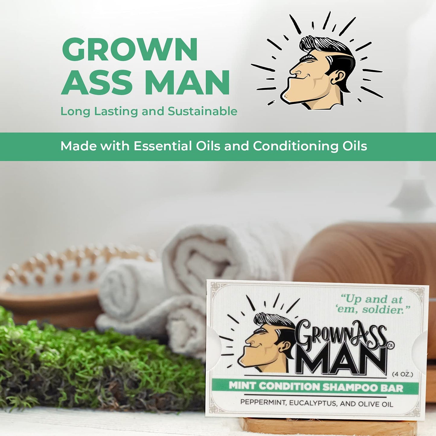 Grown Ass Man Co. Solid Shampoo Bar 3 in 1 – Hair, Beard & Body Wash | Plastic Free Mint Condition 4oz