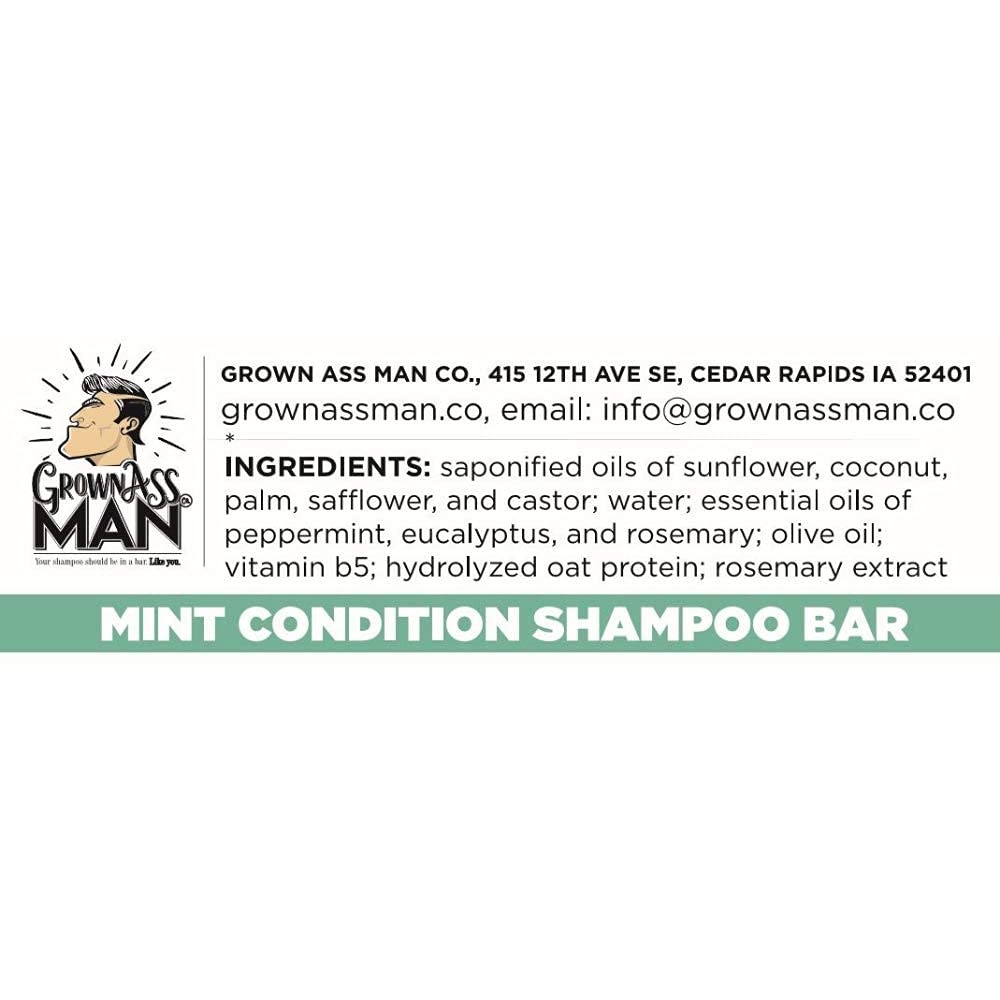 Grown Ass Man Co. Solid Shampoo Bar 3 in 1 | Hair, Beard & Body Wash • Mint Condition 4oz Bar (3-Pack) • Plastic-Free