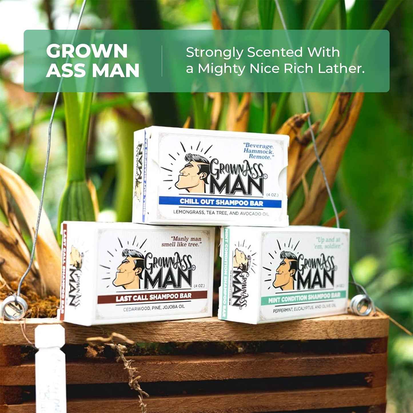 Grown Ass Man Co. Solid Shampoo Bar 3 in 1 | Hair, Beard & Body Wash • Mint Condition 4oz Bar (3-Pack) • Plastic-Free