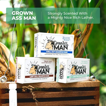 Grown Ass Man Co. Solid Shampoo Bar 3 in 1 | Hair, Beard & Body Wash • Mint Condition 4oz Bar (3-Pack) • Plastic-Free