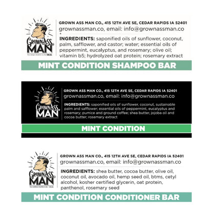 Grown Ass Man Co. Full Bath Bundle For Men - Mint Condition Shampoo Bar, Conditioner Bar & Body Bar (Plastic Free & Vegan)