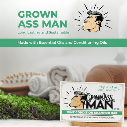 Grown Ass Man Co. Solid Shampoo Bar 3 in 1 | Hair, Beard & Body Wash • Mint Condition 4oz Bar (3-Pack) • Plastic-Free